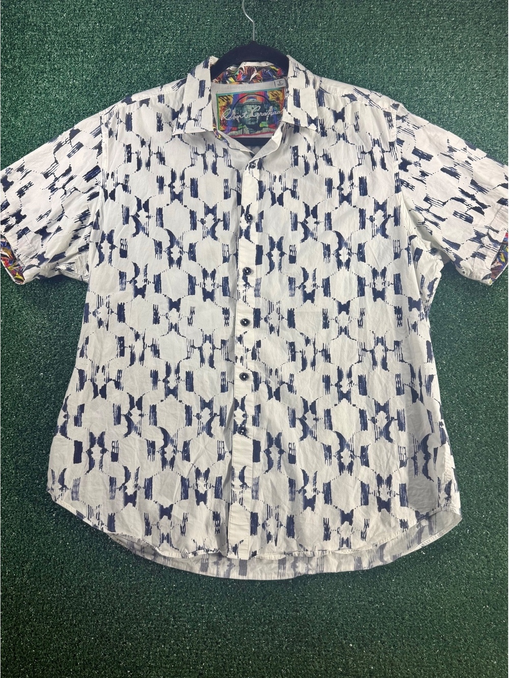 Robert Graham Shirt Mens L White Blue Abstract Classic Fit Short Sleeve